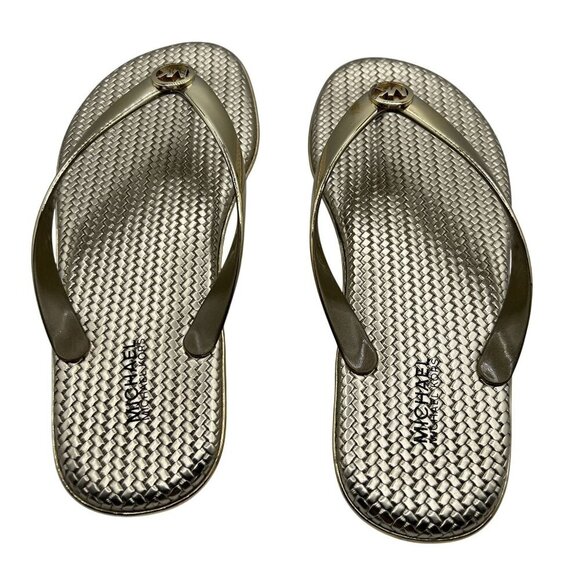 Michael Kors Womens 8M Jelly PVC Flip Flops Metallic Gold Sandals Beach Vacation - Picture 7 of 11